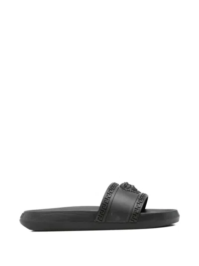 Pre-owned Versace Medusa Head Greca Slides In Black