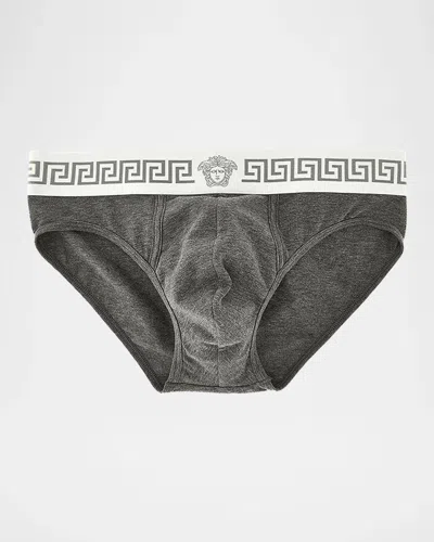 Versace Medusa Head Greco-trim Jersey Brief In Gray