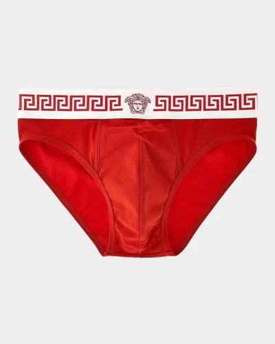 Versace Medusa Head Greco-trim Jersey Brief In Red