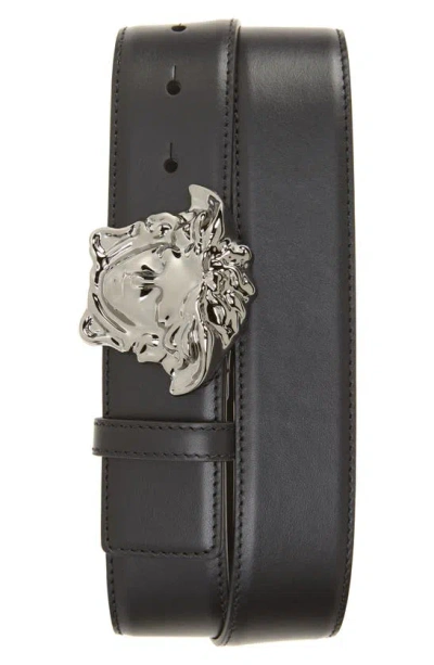 Versace Medusa Head Leather Belt In Black-ruthenium