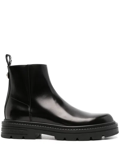 Versace Medusa Head Leather Boots In Black