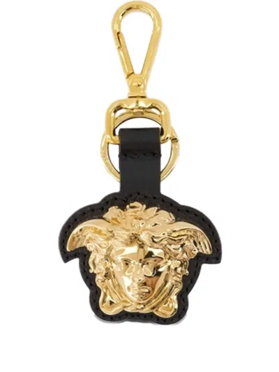 Versace Medusa Head Leather Keyring In Black