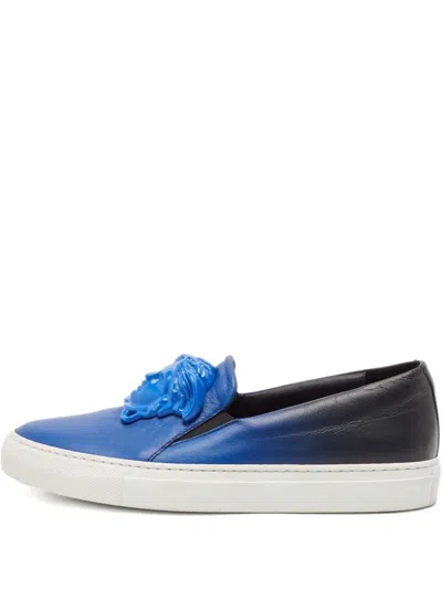 Pre-owned Versace Medusa Head Leather Slip-on Sneakers In Black