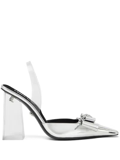 Versace Medusa Head Metallic Leather Pumps In Silver