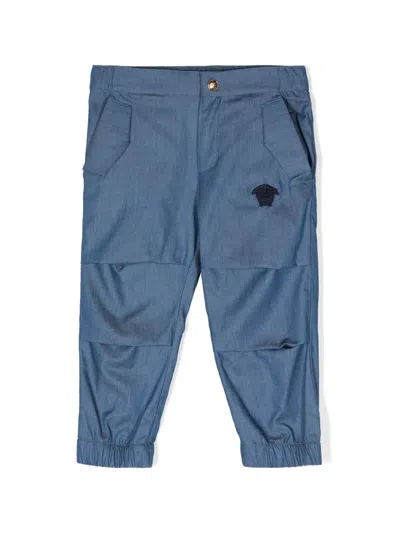Versace Babies' Medusa Head-patch Chambray Trousers In Blue
