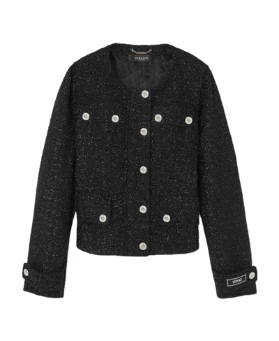 Versace Medusa Head Single-breasted Tweed Jacket In Black