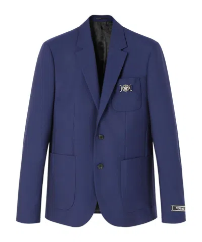 Versace Medusa Head Single-breasted Wool Blazer In Blue
