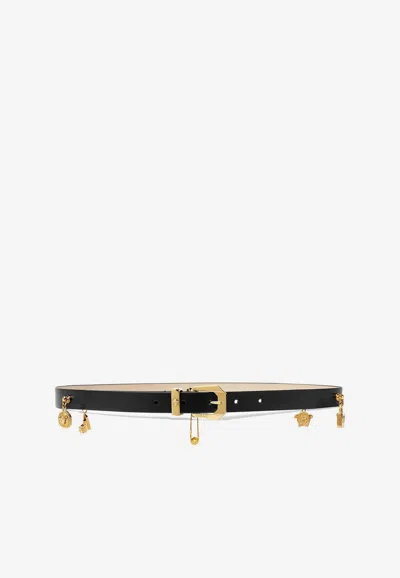 Versace Medusa Heritage Charms Leather Belt In Black