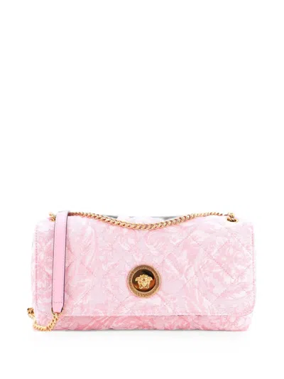 Pre-owned Versace Medusa Icon Chain Flap Bag Quilted Barocco Jacquard East West Shoulder Bag In Pink