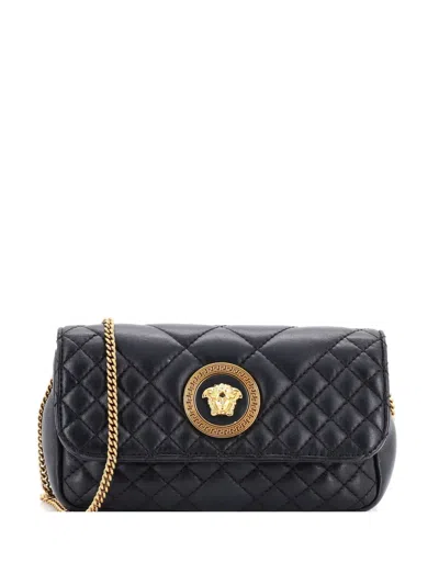 Pre-owned Versace Medusa Icon Chain Flap Bag Quilted Leather Mini Crossbody Bag In Black