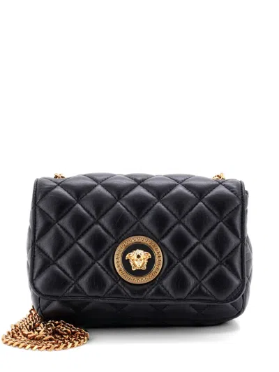 Pre-owned Versace Medusa Icon Chain Flap Bag Quilted Leather Mini Crossbody Bag In Black