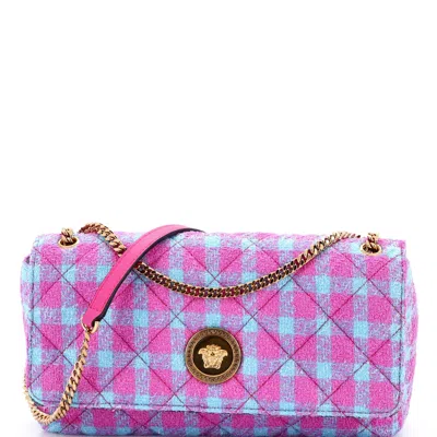 Versace Medusa Icon Chain Flap Bag Quilted Tweed East West In Multi