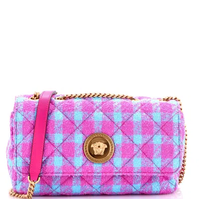 Versace Medusa Icon Chain Flap Bag Quilted Tweed East West In Pink