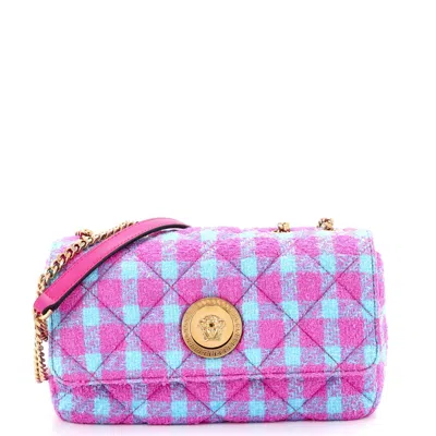 Versace Medusa Icon Chain Flap Bag Quilted Tweed East West In Multi