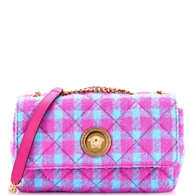 Versace Medusa Icon Chain Flap Bag Quilted Tweed East West In Multi