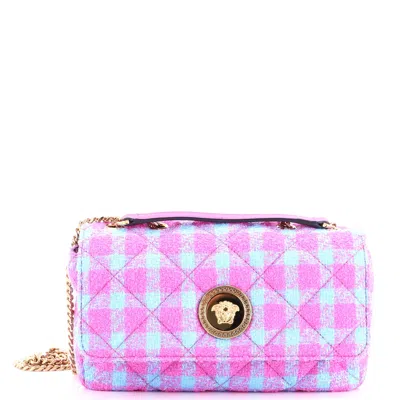 Versace Medusa Icon Chain Flap Bag Quilted Tweed East West In Purple