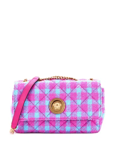 Pre-owned Versace Medusa Icon Chain Flap Bag Quilted Tweed East West Shoulder Bag In Blue