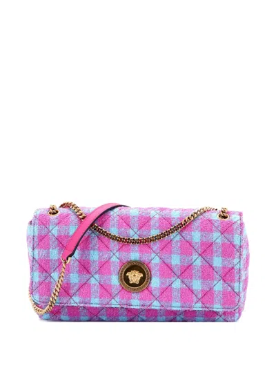 Pre-owned Versace Medusa Icon Chain Flap Bag Quilted Tweed East West Shoulder Bag In Blue