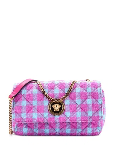 Pre-owned Versace Medusa Icon Chain Flap Bag Quilted Tweed East West Shoulder Bag In Pink