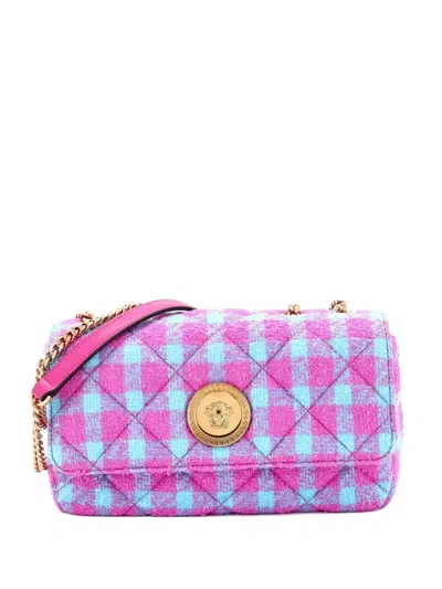 Pre-owned Versace Medusa Icon Chain Flap Bag Quilted Tweed East West Shoulder Bag In Pink