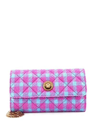 Pre-owned Versace Medusa Icon Chain Flap Bag Quilted Tweed East West Shoulder Bag In Pink