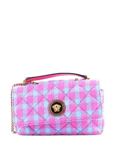 Pre-owned Versace Medusa Icon Chain Flap Bag Quilted Tweed East West Shoulder Bag In Pink