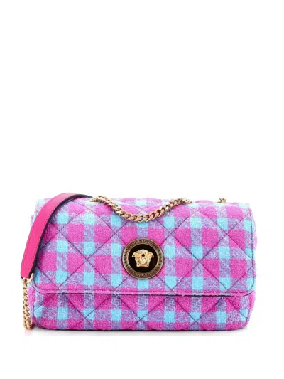 Pre-owned Versace Medusa Icon Chain Flap Bag Quilted Tweed East West Shoulder Bag In Pink