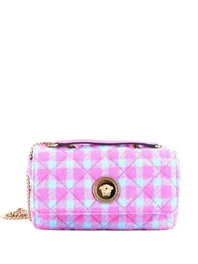 Pre-owned Versace Medusa Icon Chain Flap Bag Quilted Tweed East West Shoulder Bag In Pink