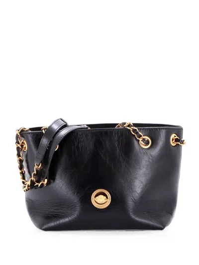Pre-owned Versace Medusa Icon Chain Tote Leather Mini Bucket Bag In Black