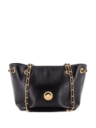 Pre-owned Versace Medusa Icon Chain Tote Leather Mini Bucket Bag In Black