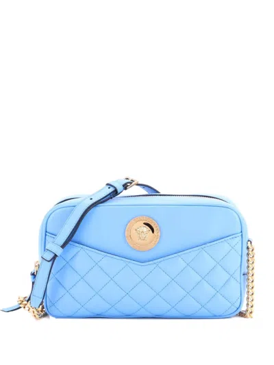 Pre-owned Versace Medusa Icon Front Slip Pocket Camera Bag Quilted Leather Medium Crossbody Bag In Blue