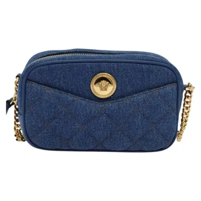 Pre-owned Versace Medusa Icon Front Slip Pocket Camera Quilted Denim Blue Canvas Shoulder Bag Bag ()