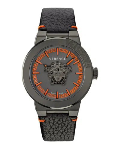 Versace Medusa Infinite Leather Watch In Black