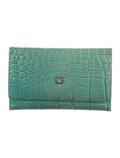 Pre-owned Versace Medusa Insignia Alligator Compact Wallet In Green