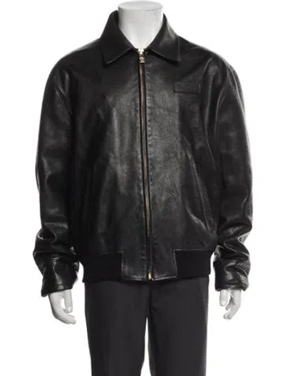 Pre-owned Versace Medusa Insignia Calf Leather Bomber Jacket In Black