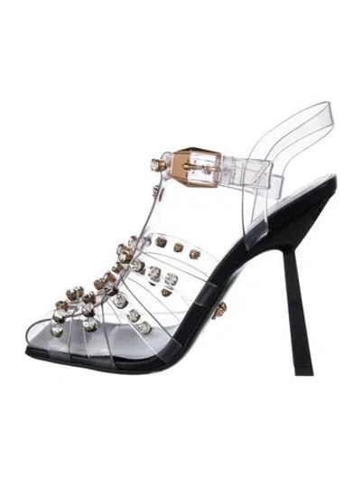 Pre-owned Versace Medusa Insignia Crystal Embellishments Gladiator Sandals In Transparent