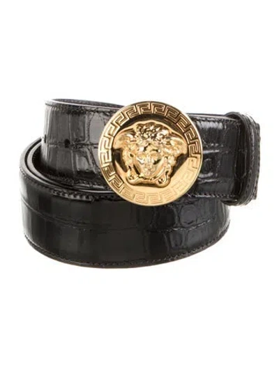 Pre-owned Versace Medusa Insignia Embossed Leather Belt In Black