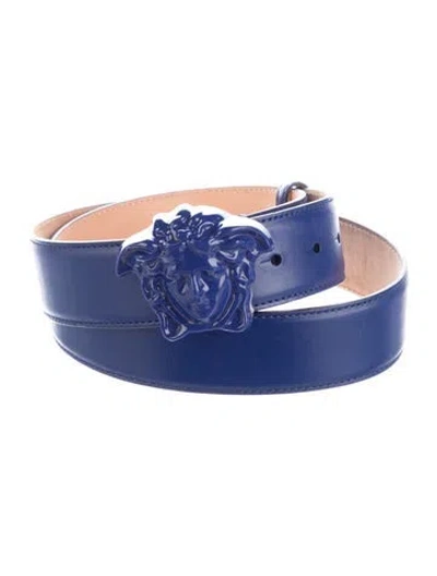 Pre-owned Versace Medusa Insignia Leather Belt In Blue