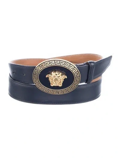 Pre-owned Versace Medusa Insignia Leather Belt Kit In Blue