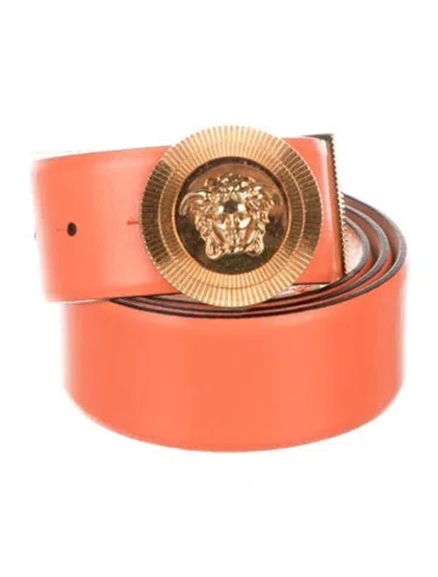 Pre-owned Versace Medusa Insignia Leather Belt In Orange