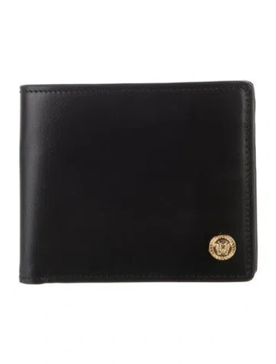 Pre-owned Versace Medusa Insignia Leather Bifold Wallet In Black