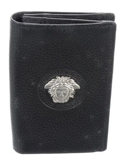 Pre-owned Versace Medusa Insignia Leather Bifold Wallet In Black