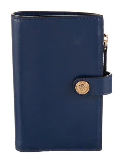 Pre-owned Versace Medusa Insignia Leather Bifold Wallet In Blue