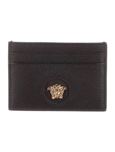 Pre-owned Versace Medusa Insignia Leather Card Holder In Black