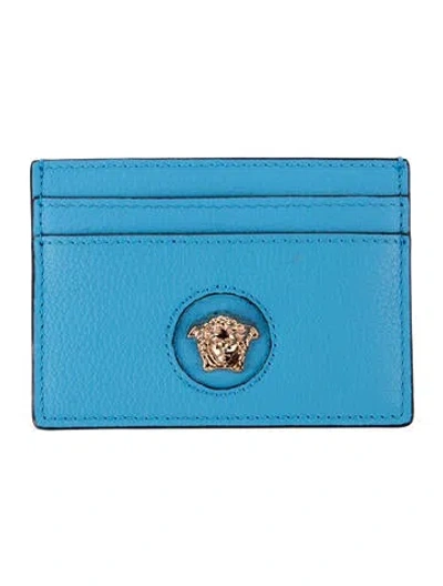 Pre-owned Versace Medusa Insignia Leather Card Holder In Blue