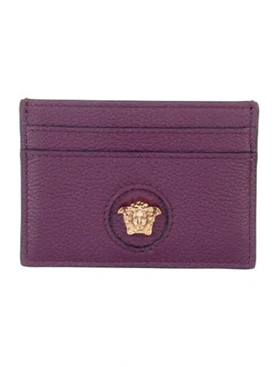 Pre-owned Versace Medusa Insignia Leather Card Holder In Purple
