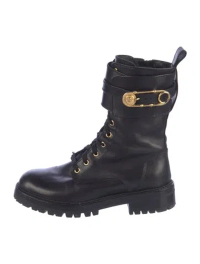 Pre-owned Versace Medusa Insignia Leather Combat Boots In Blue