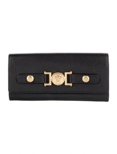 Pre-owned Versace Medusa Insignia Leather Continental Wallet In Black
