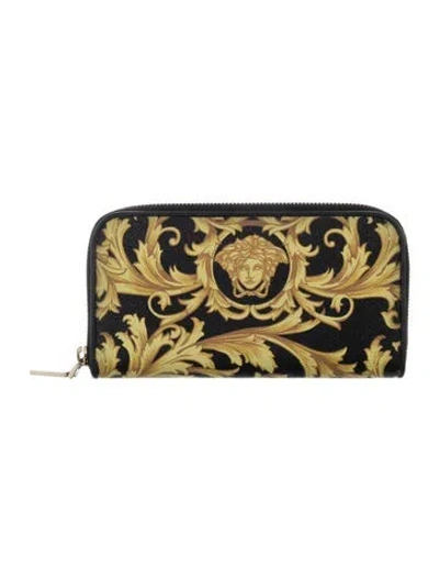 Pre-owned Versace Medusa Insignia Leather Continental Wallet In Yellow