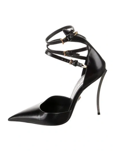 Pre-owned Versace Medusa Insignia Leather D'orsay Pumps In Gray